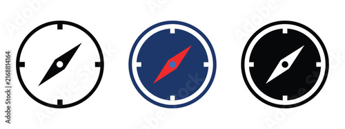 Compass navigation vector icon set featuring line art, solid glyph, and colorful design styles for travel and direction graphics