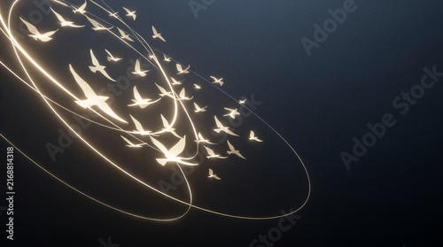 Bioluminescent birds flocking together with glowing energy grid lines forming a dynamic collaborative pattern