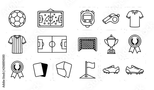 Soccer Football Outline Icons Set with Ball Tactics Board Stopwatch Whistle Jersey Goal Trophy and Winner Medal