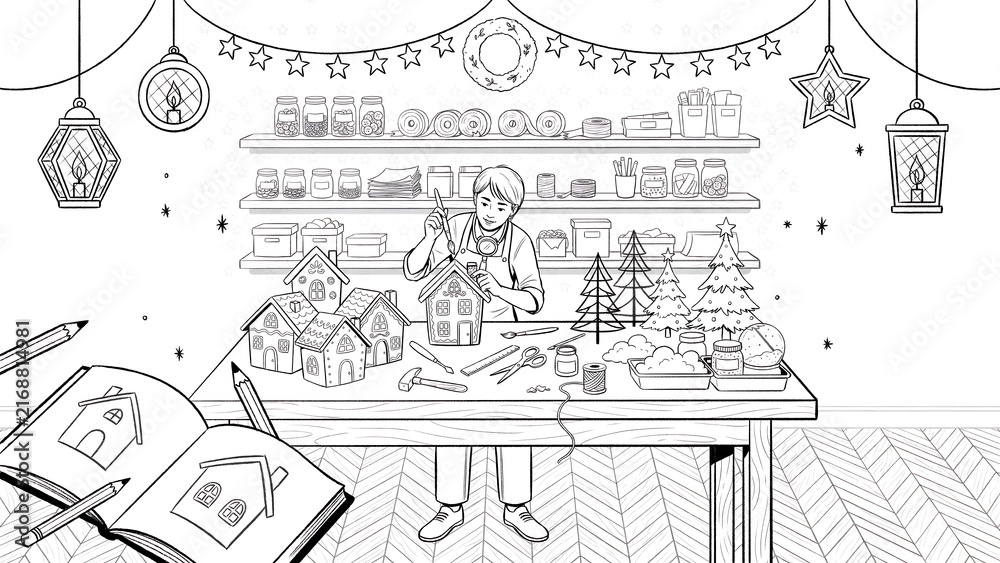 Fototapeta premium Artisan working in a craft workshop creating miniature gingerbread houses, surrounded by shelves of jars, tools, and festive holiday decorations.