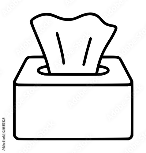 Simple black and white line art vector icon illustration of a tissue box with a single paper sheet sticking out, ideal for medical, hygiene, allergy, cold, and flu related graphic design projects.