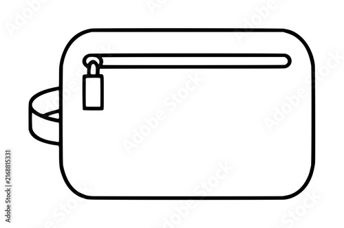 Minimalist black and white vector icon illustration of a travel toiletry bag with a zipper and side handle, perfect for cosmetic storage, hygiene kit organization, and travel accessory design.