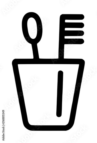 Minimalist black and white vector icon illustration of a toothbrush and a spoon inside a bathroom cup holder, ideal for dental hygiene, oral care, morning routine, and bathroom accessory designs.