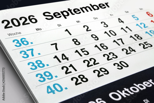 Принти на полотні Deutscher Kalender Monat September 2026