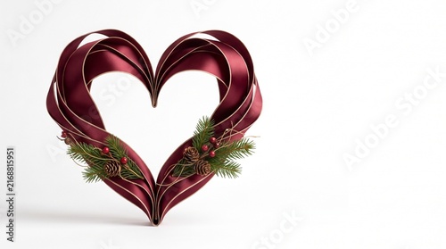 Decorative burgundy ribbon heart ornament with pine branches and berries for Christmas holidays