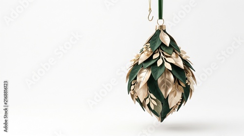 Decorative Christmas tree ornament made of gold and green leaves on a white background