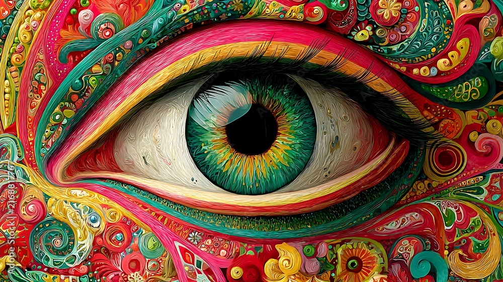 Fototapeta premium Intricate eye with ornate patterns and bright colors in a decorative style iris pupil