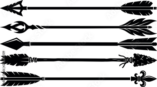 Cuadro en lienzo Five black silhouette arrows with varied arrowhead designs rest on a white backg