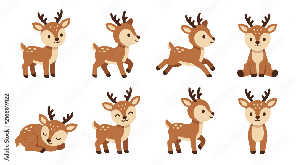 Fototapeta premium Cute deer character set vector with various poses like standing sitting walking running and sleeping isolated on white background