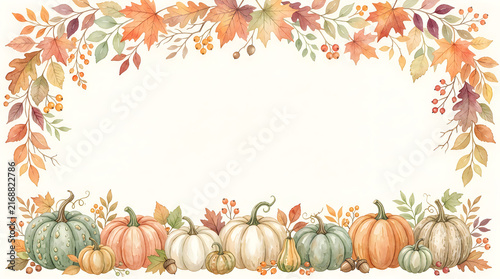 Beautiful watercolor autumn frame featuring pumpkins gourds colorful leaves and delicate floral elements perfect for fall season designs