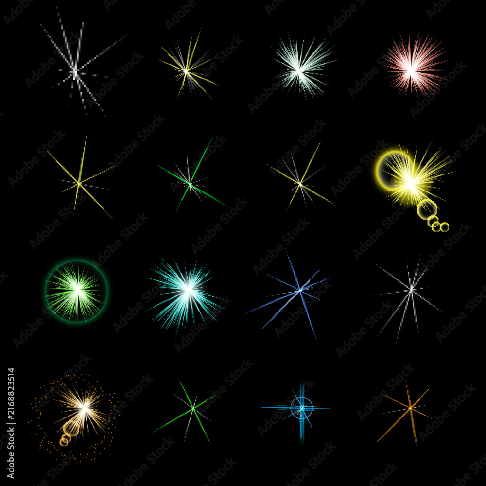Fototapeta premium Collection of vibrant light effects and starbursts on a dark black background