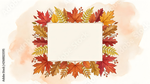 Autumn leaves create a vibrant square frame around a blank white space for text or design