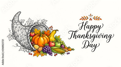 Beautiful watercolor painting of a thanksgiving cornucopia overflowing with pumpkins colorful fruits and vibrant autumn leaves with holiday greetings