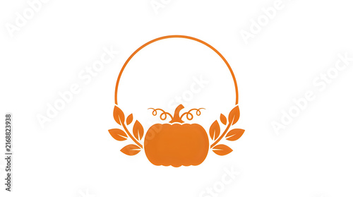 A beautiful autumn wreath featuring a prominent pumpkin at the center surrounded by colorful delicate fall leaves on a plain