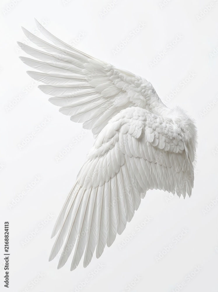Naklejka premium Large White Angel Wings Isolated on White Background - Detailed Feather Texture for Design and Composite