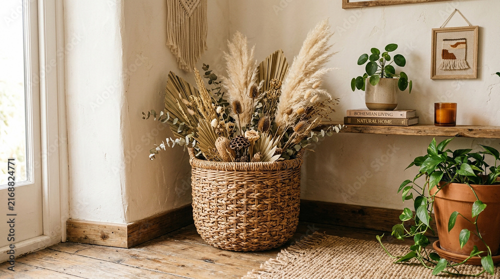 Fototapeta premium Boho Interior with Dried Flowers and Potted Plants