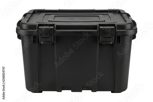 Black plastic storage bin with locking lid