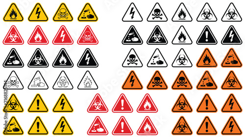 Various danger warning signs featuring fire, electrical, toxic, and biohazard symbols in multiple color schemes.