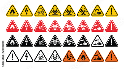 Set of danger warning signs with red, yellow, black, and orange variations for hazard alerts and industrial safety.