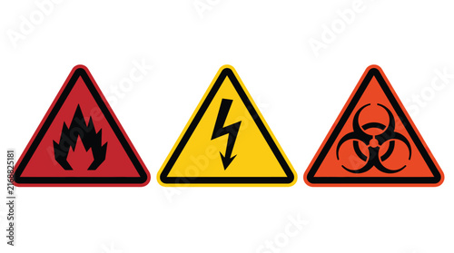 Collection of orange hazard warning signs for caution and danger alerts.