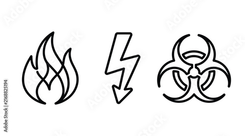 Isolated danger symbols including fire, lightning bolt and biohazard icon.