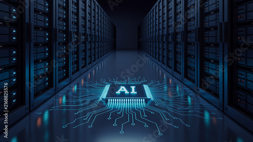 Artificial intelligence chip inside a modern server room illustration