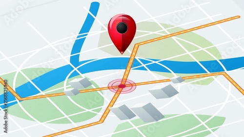 Red location pin marker on a digital city map with roads and streets