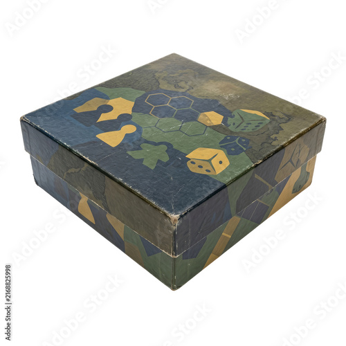 Square board game box with abstract geometric pattern