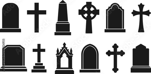 A collection of black silhouette icons representing various grave markers and christian cross monuments