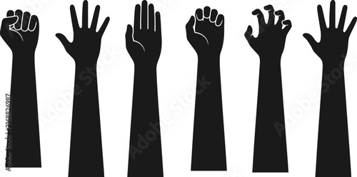 Set of black silhouettes showing various human hand gestures on a white background