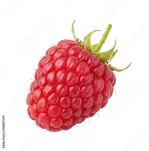 Fotografie Single ripe red raspberry with green leaves isolated on a transparent background