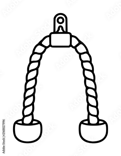 Photography Minimalist black and white vector icon illustration of a tricep rope gym attachment for cable machines, featuring a braided texture and sturdy end caps for strength training and bodybuilding