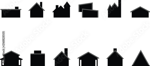 Black and white line of various house silhouettes and architectural structures building architecture