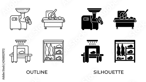 Meat Processing Icons: A set of outline and silhouette icons illustrating the process of meat processing, featuring meat grinders, chopping boards with meat, and butchery displays.