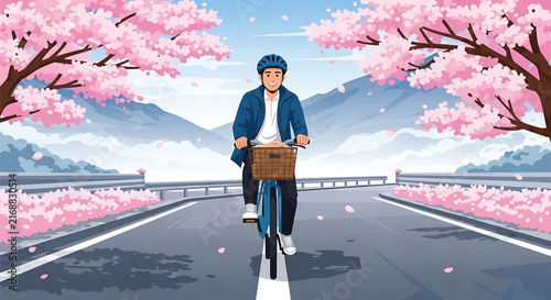 Spring Cycling Journey Illustration, Bicycle Rider on Road Under Cherry Blossom Trees, Anime Landscape Template, Travel Background