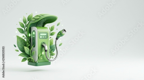 3D green smart mobility EV charging station symbol with copy space