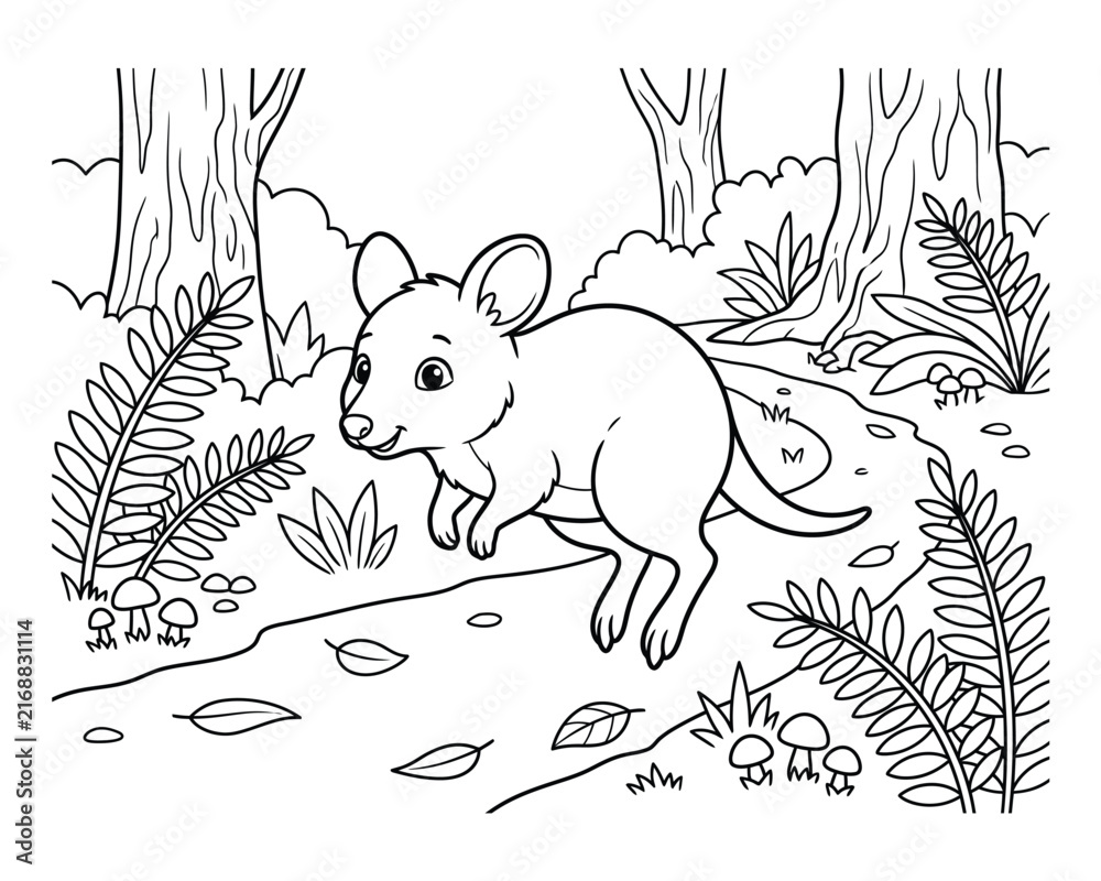 Fototapeta premium Joyful baby kangaroo bouncing playfully along a serene forest path surrounded by lush ferns and tall ancient trees rendered in a clean black and white line art style for creative coloring activities.