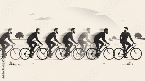 Artistic sequence of cyclists riding bicycles in motion, creating a dynamic silhouette composition representing cycling, sports, fitness, transportation, and active lifestyle.