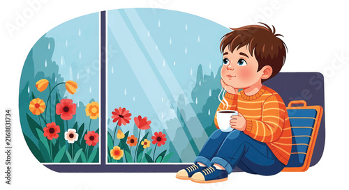 Cartoon Boy Enjoying Warm Drink On Rainy Day. Cute Child Sitting By Window Watching Flowers
