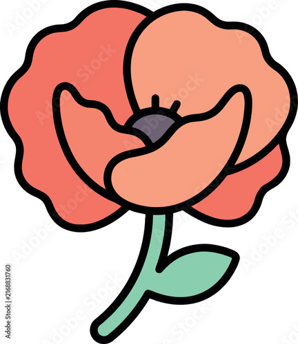Stylized Red Poppy Flower Illustration with Green Stem and Leaf Icon
