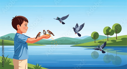 Friendly Boy Feeding Birds By The Lake, Child With Sparrows And Pigeons, Cartoon Nature Scene, Cute Kids Outdoors, Animals And Boy Near Water