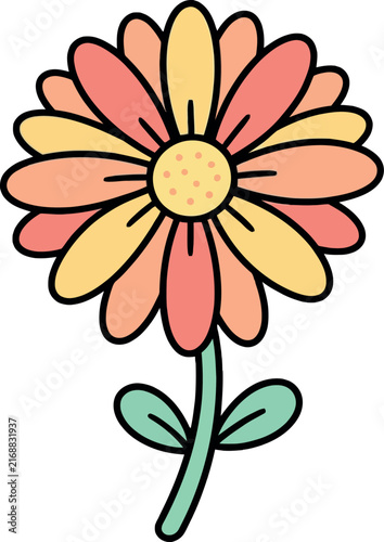 Cheerful Daisy with Yellow Center and Multicolored Petals in a Simple Cartoon Style