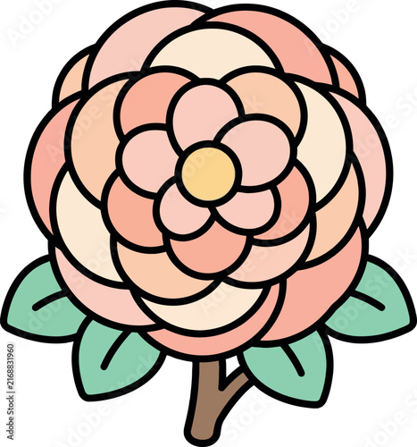 Stylized Cartoon Illustration of a Pink Camellia Flower with Green Leaves on a Brown Stem