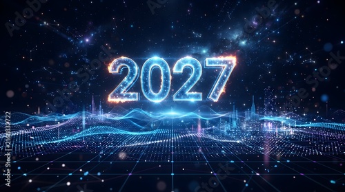 A futuristic digital landscape with the year 2027 in neon lights against a starry night sky