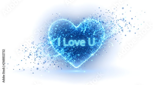 A glowing blue heart with the words I Love U on a white background