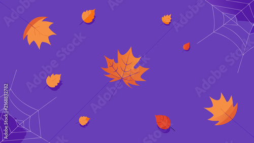 Autumn leaves drifting across purple background with subtle spider webs is excellent for cozy seasonal greetings and header designs.