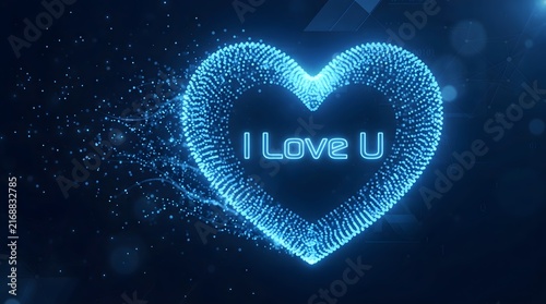 A glowing blue heart with the words I Love U in the center on a dark background