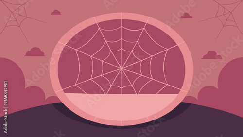 Pink landscape with central spider web circle and hill silhouettes creates soft aesthetic halloween setting for feminine holiday stationery.