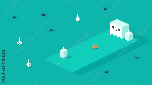 Isometric halloween scene with a ghostly figure and various elements scattered across a teal platform in a spooky atmosphere.