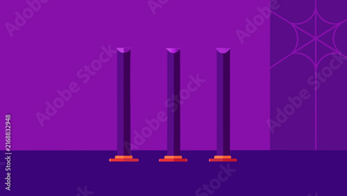 Abstract halloween scene with three purple columns standing on a dark base with a spiderweb in the upper right corner.